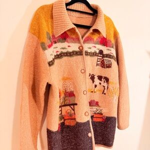 Vintage Knit D’Argent Farm Scene Button Front Cardigan Sweater